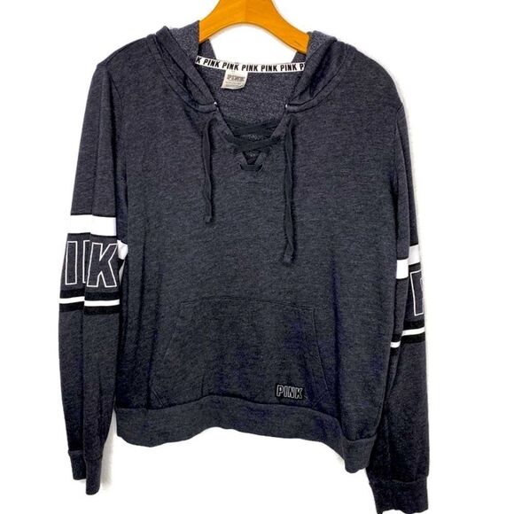 PINK by Victoria’s Secret Grey Pull Over Hoodie with Lace Up Detail XS - Picture 1 of 9